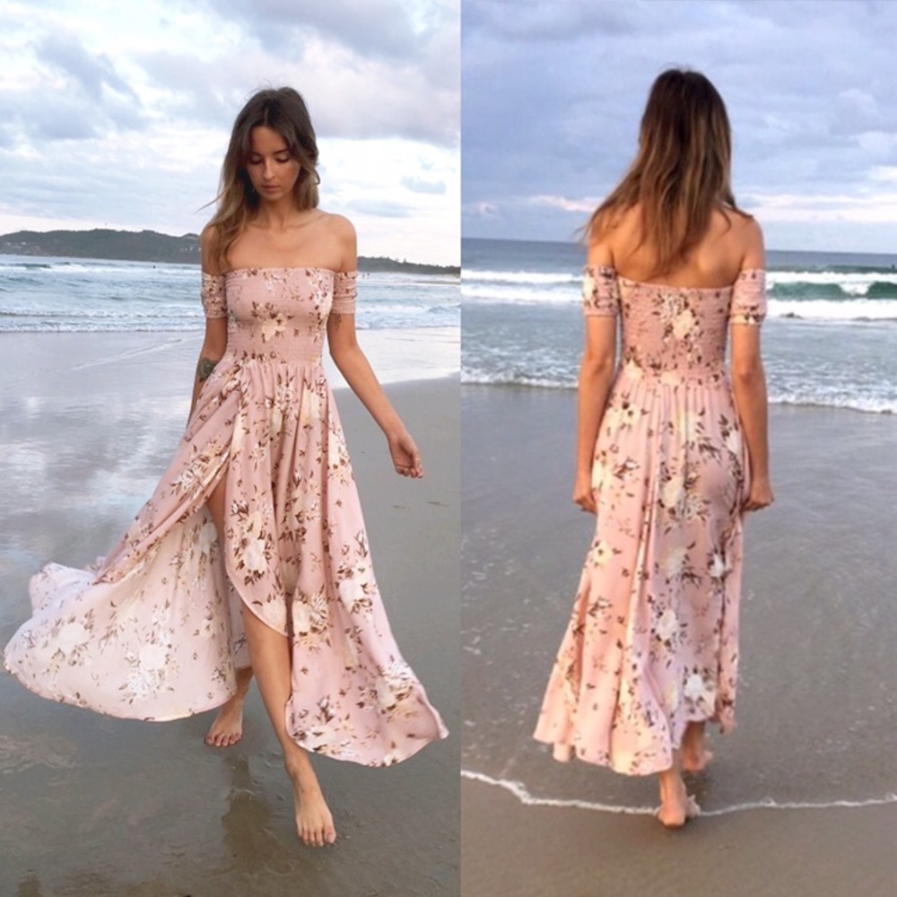 Auguste 'Boheme Goddess' off-shoulder floral maxi dress, musk, M
